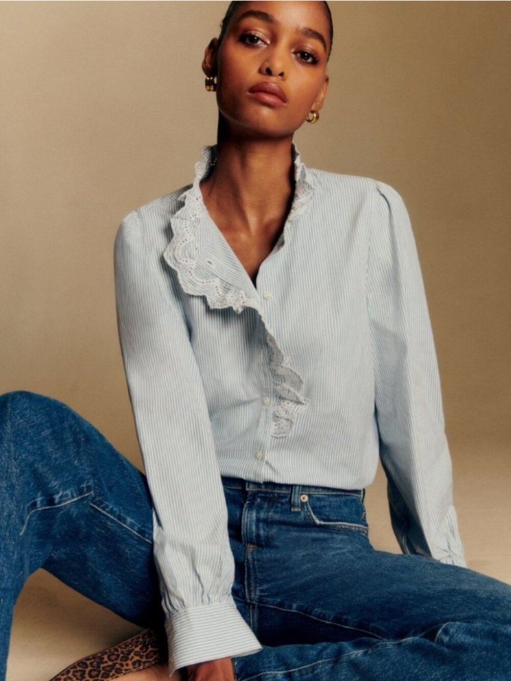 Sezane CHLO Light Blue Striped Ruffled Button-Down Shirt